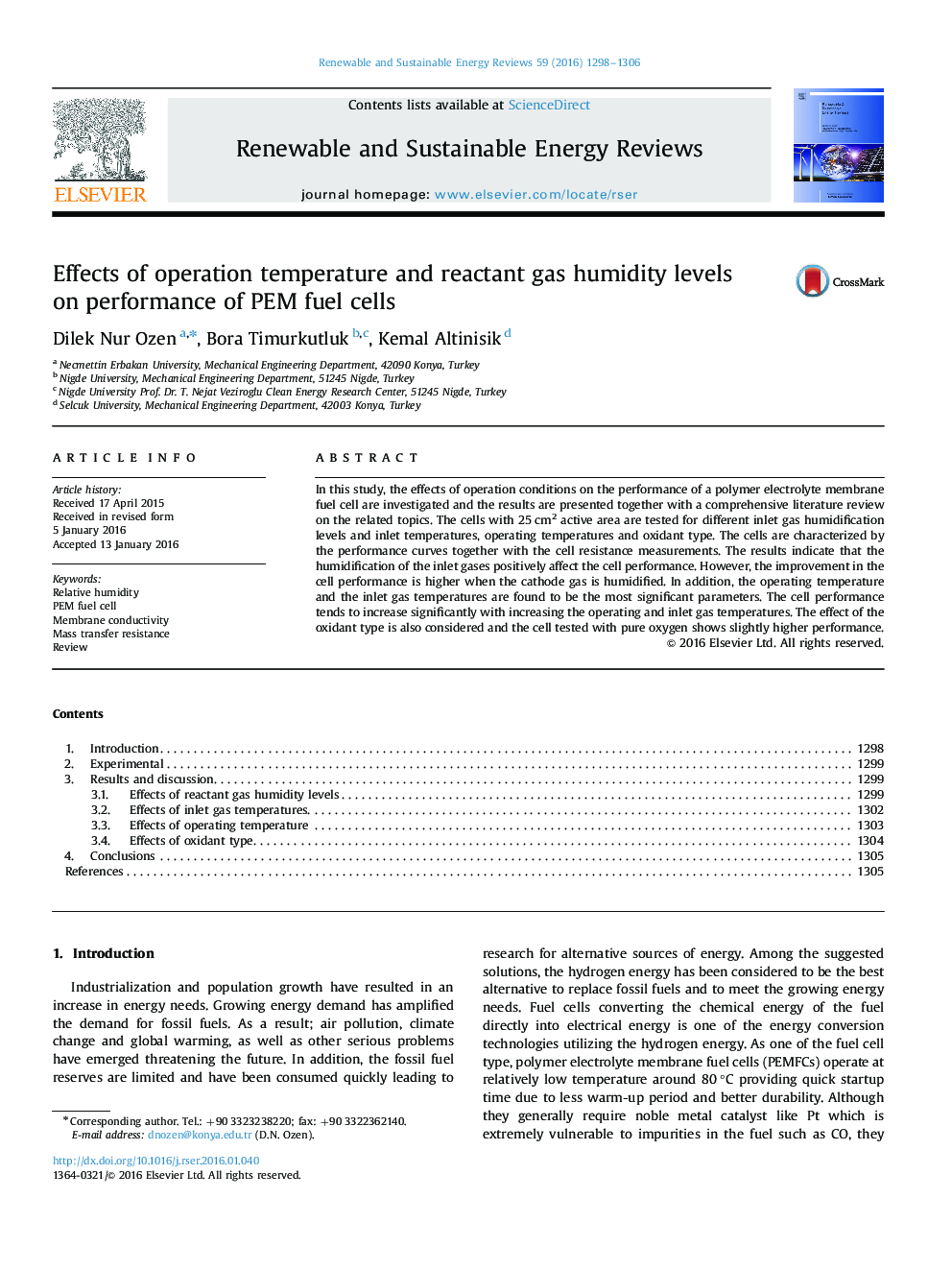 Effects of operation temperature and reactant gas humidity levels on performance of PEM fuel cells