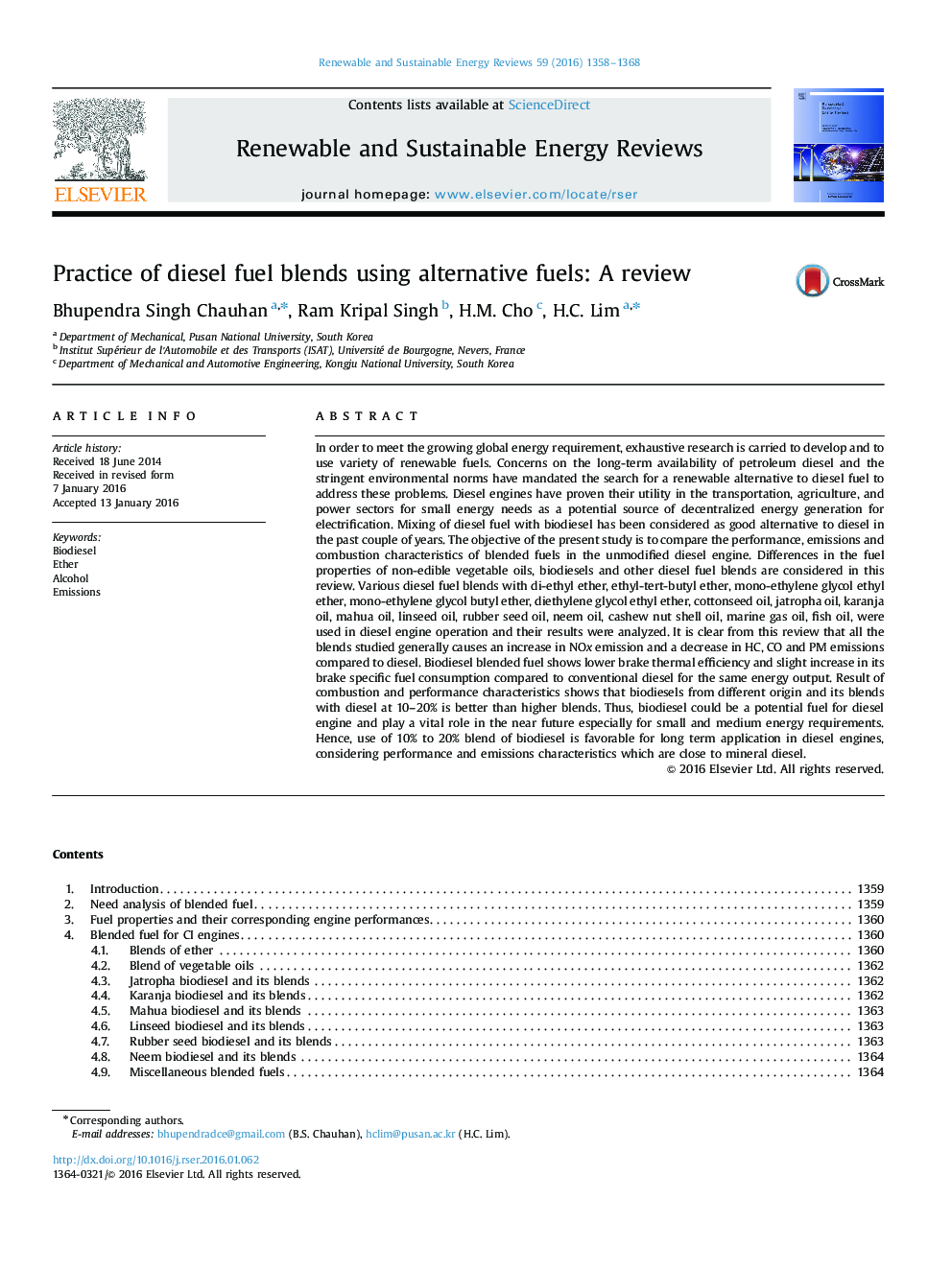 Practice of diesel fuel blends using alternative fuels: A review