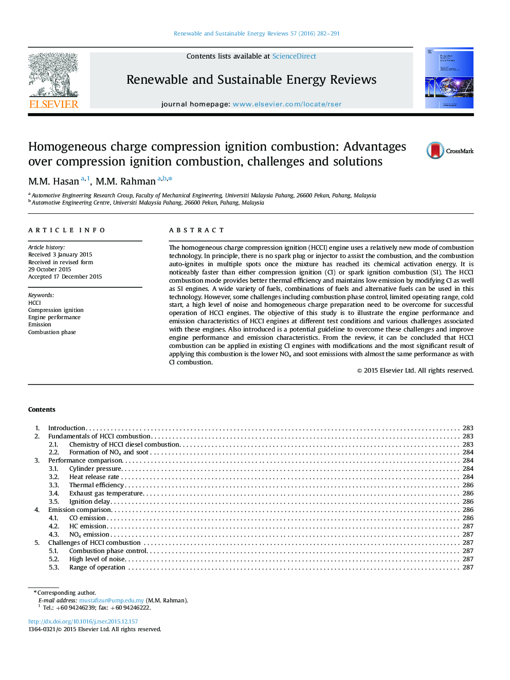 Homogeneous charge compression ignition combustion: Advantages over compression ignition combustion, challenges and solutions