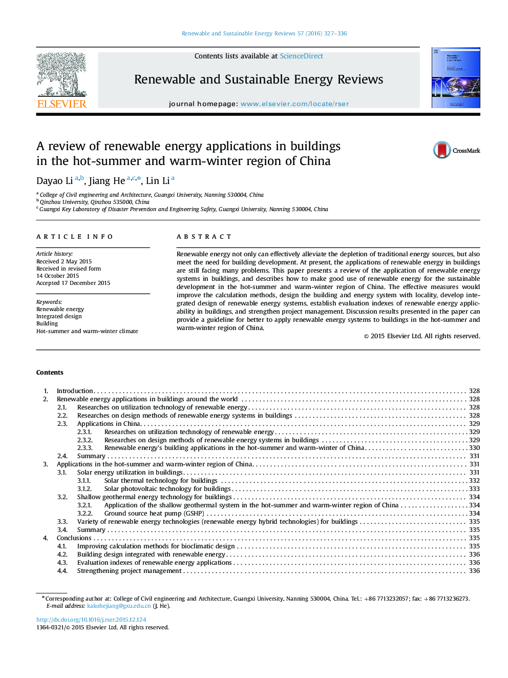 بررسی کاربرد انرژی های تجدید پذیر در ساختمان های منطقه گرم تابستان و گرم زمستان چین 