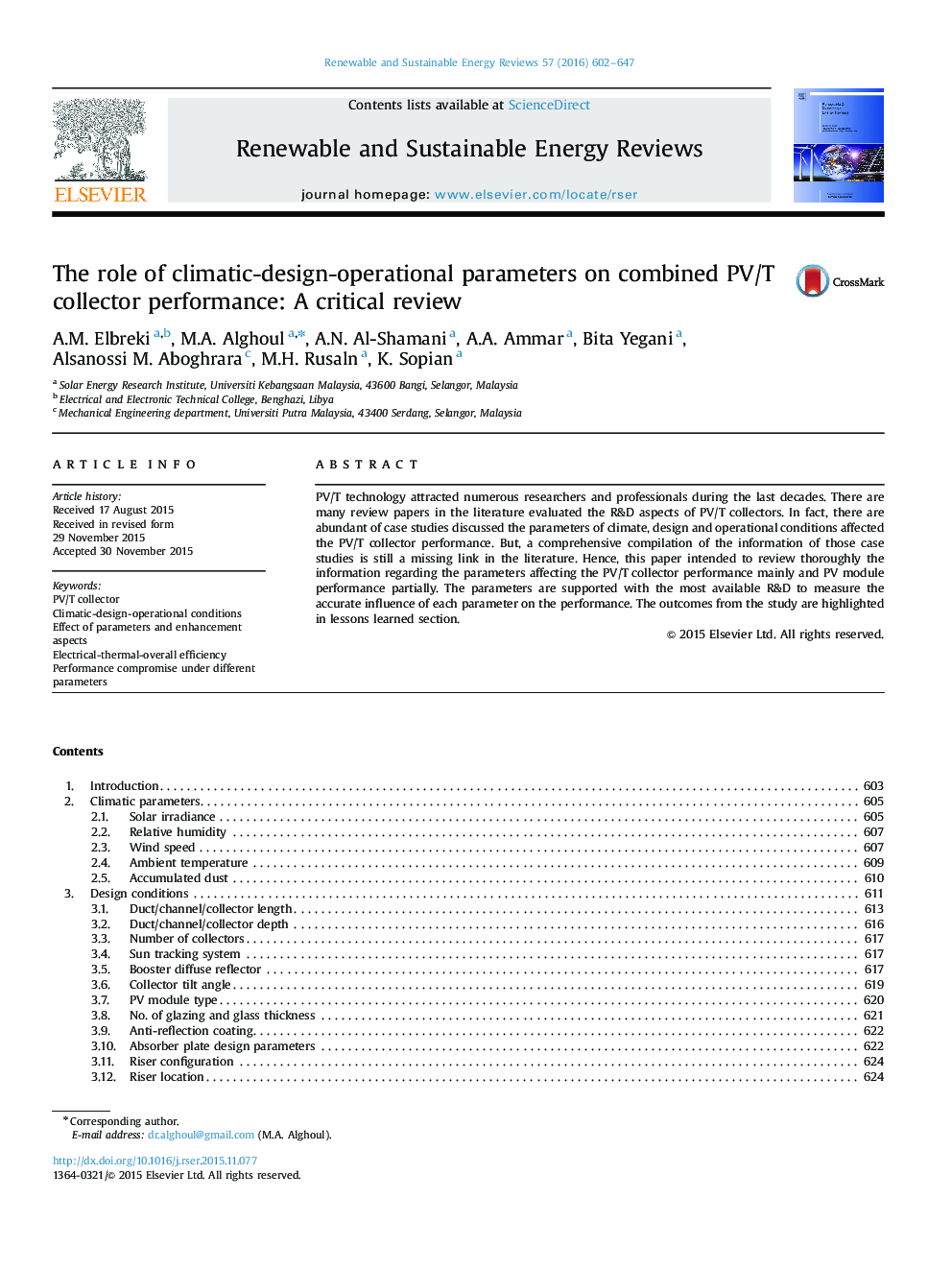 عکس صفحه اول مقاله: The role of climatic-design-operational parameters on combined PV/T collector performance: A critical review The role of climatic-design-operational parameters on combined PV/T collector performance: A critical review