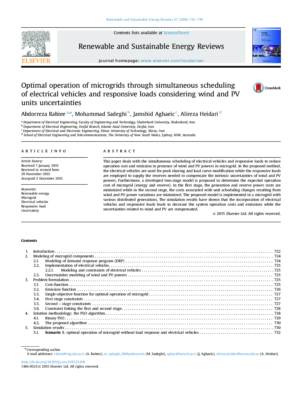 Optimal operation of microgrids through simultaneous scheduling of electrical vehicles and responsive loads considering wind and PV units uncertainties