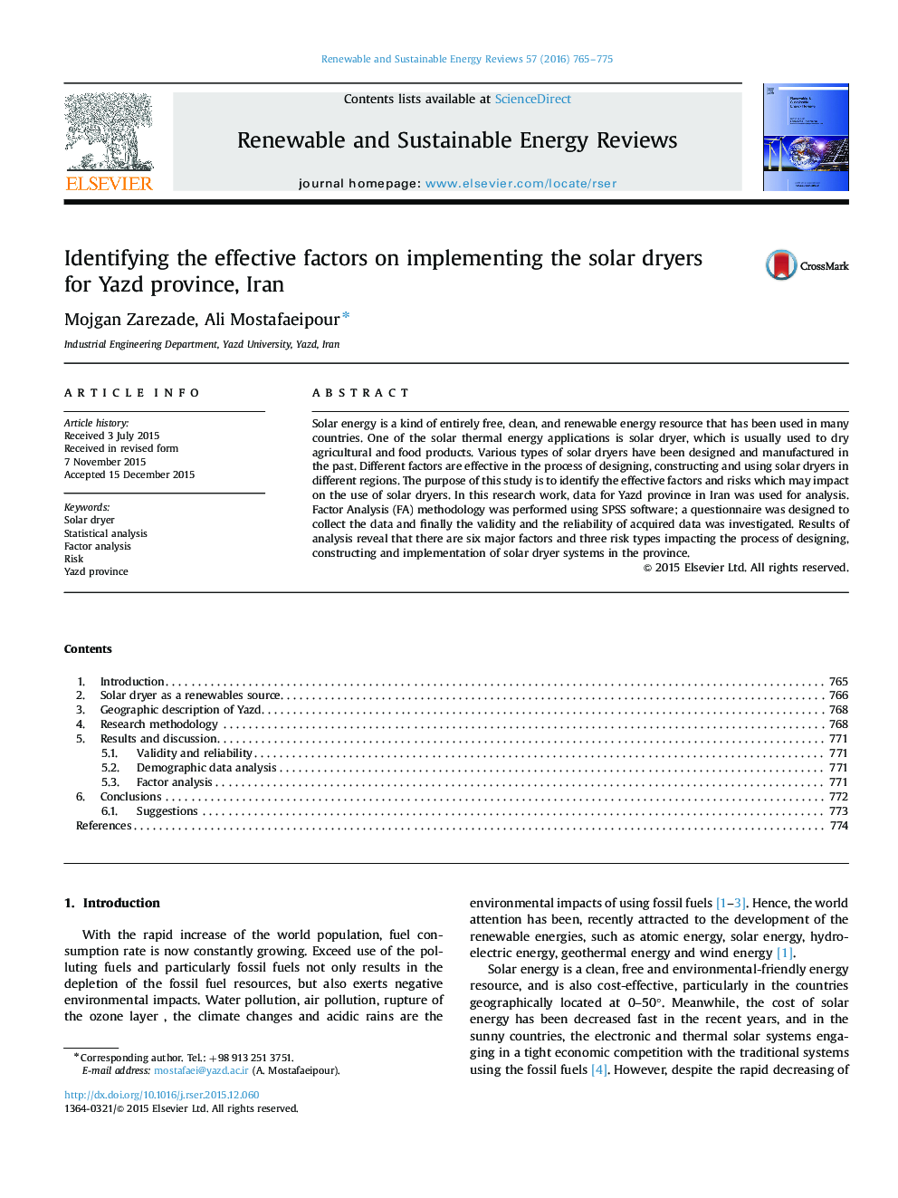 Identifying the effective factors on implementing the solar dryers for Yazd province, Iran