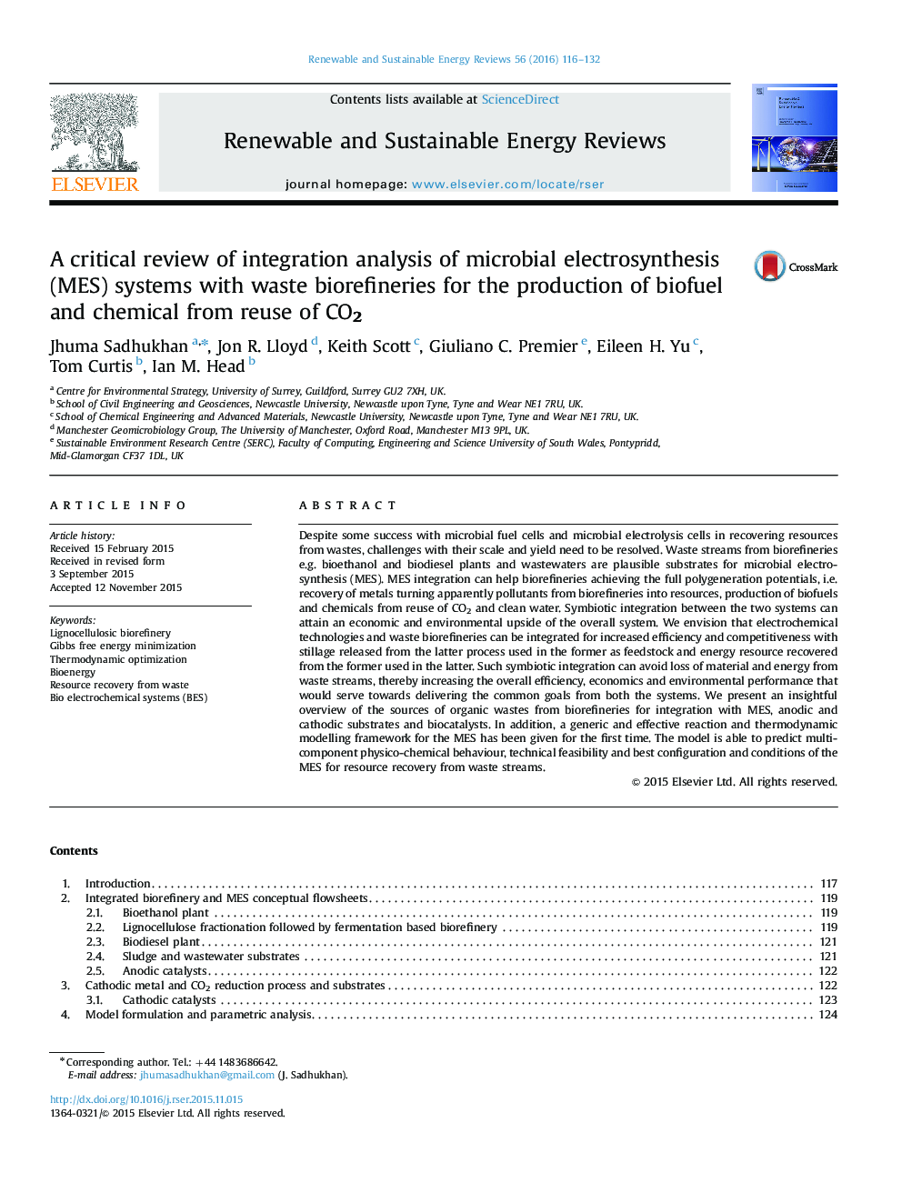 A critical review of integration analysis of microbial electrosynthesis (MES) systems with waste biorefineries for the production of biofuel and chemical from reuse of CO2