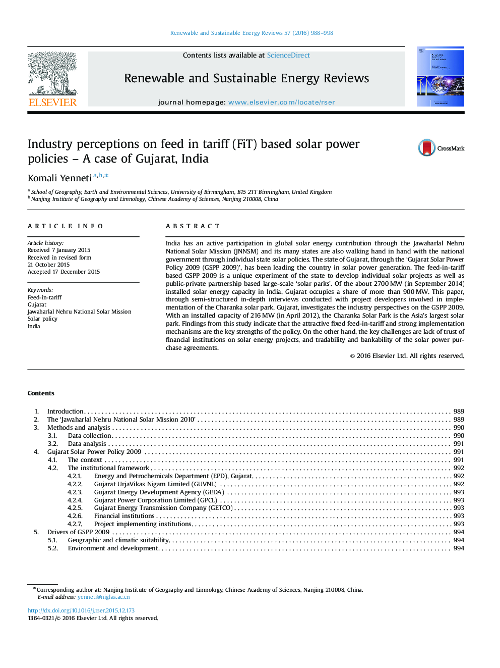 Industry perceptions on feed in tariff (FiT) based solar power policies - A case of Gujarat, India