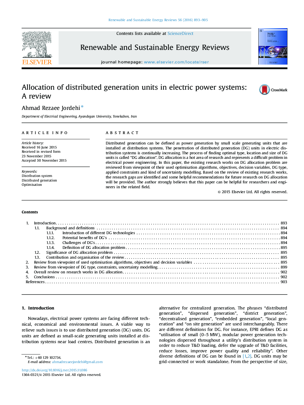 Allocation of distributed generation units in electric power systems: A review