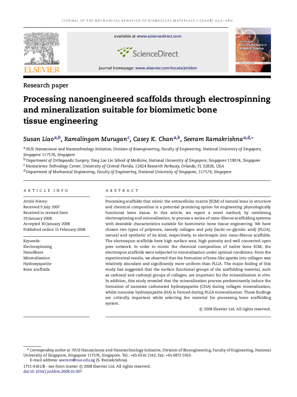 Processing nanoengineered scaffolds through electrospinning and mineralization suitable for biomimetic bone tissue engineering