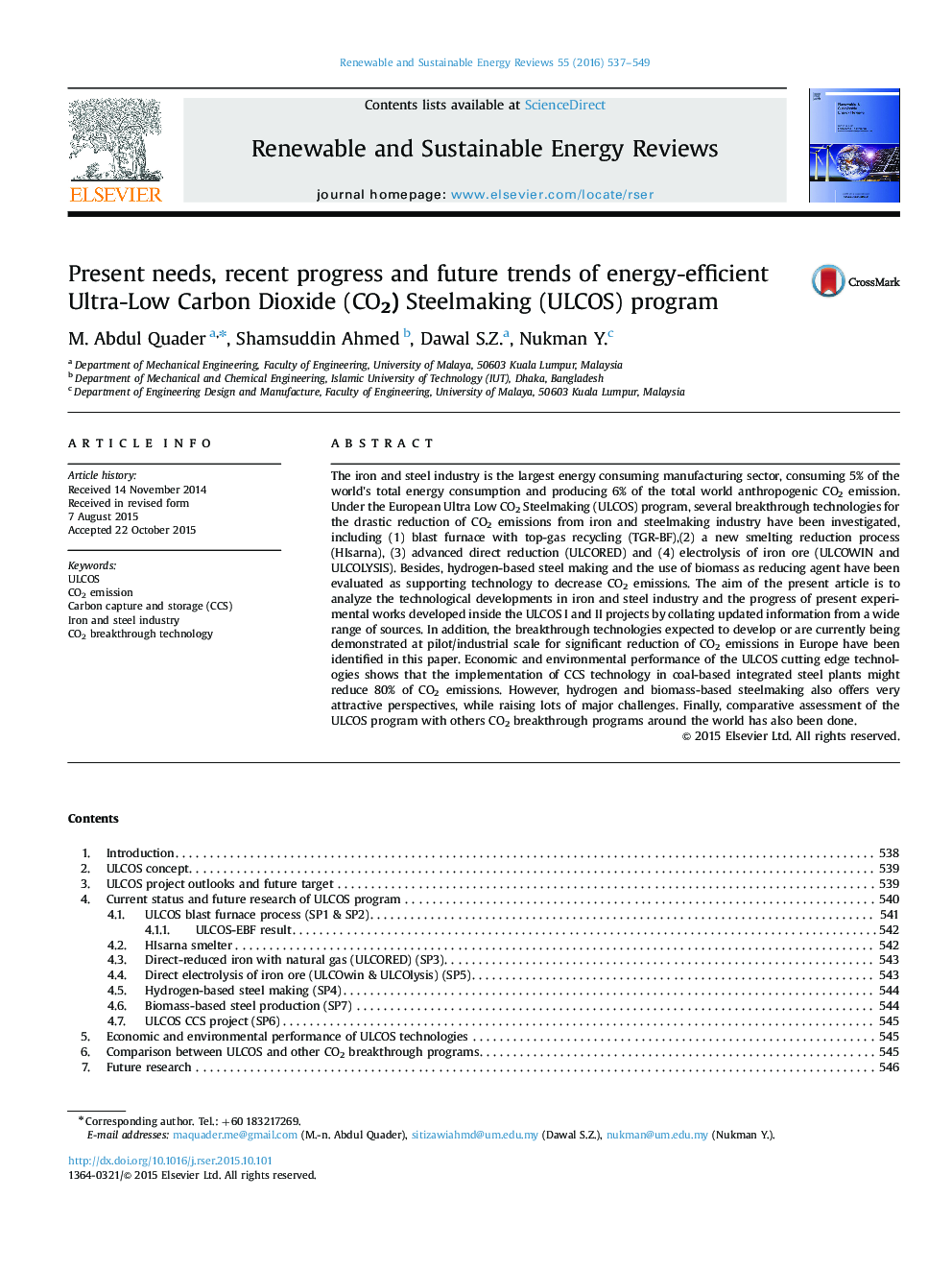 Present needs, recent progress and future trends of energy-efficient Ultra-Low Carbon Dioxide (CO2) Steelmaking (ULCOS) program