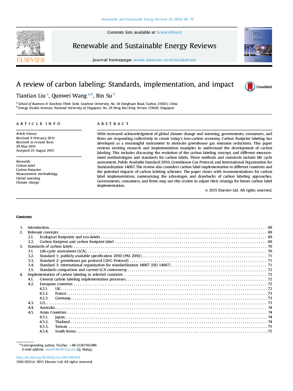 A review of carbon labeling: Standards, implementation, and impact