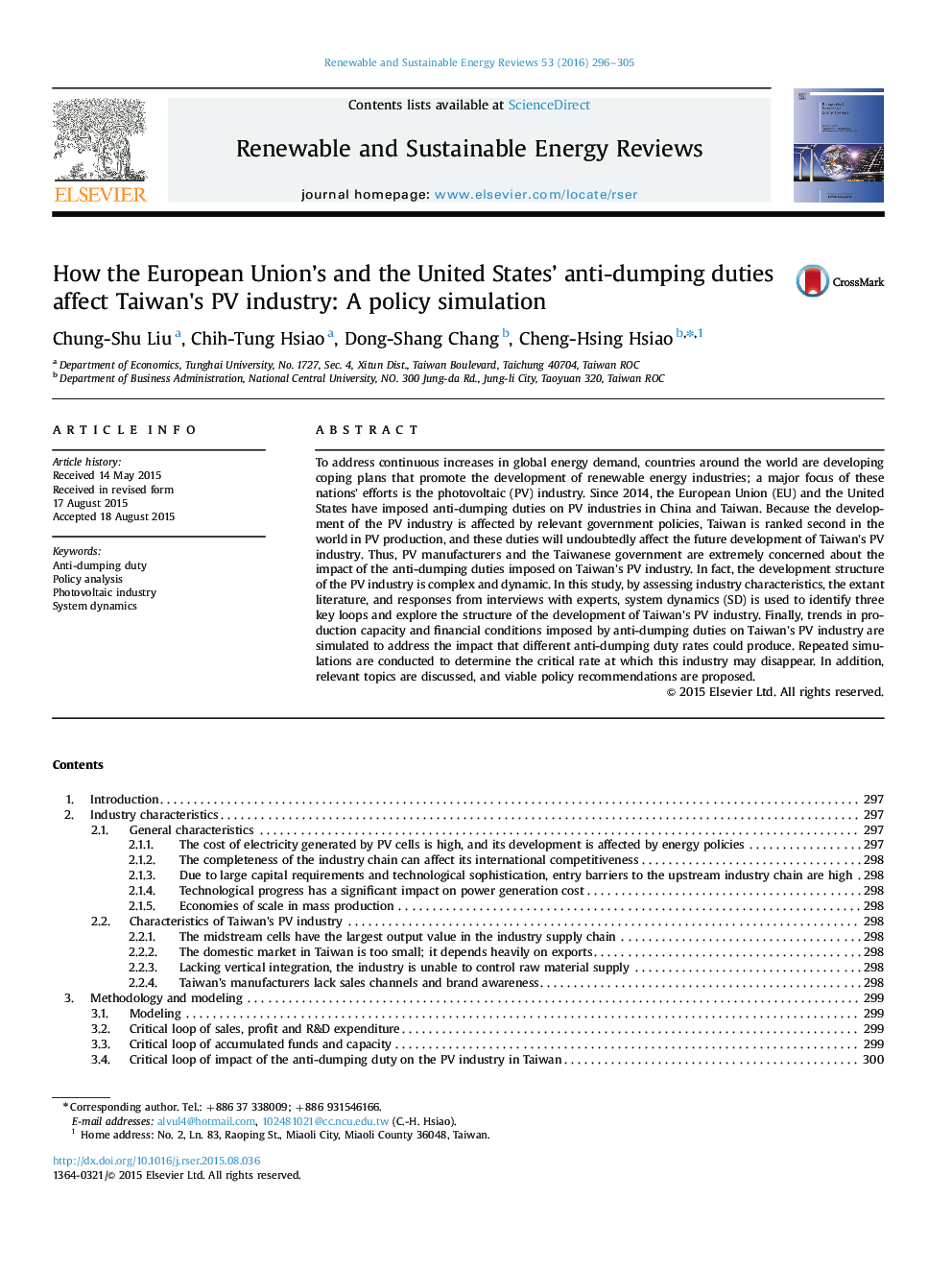 How the European Union's and the United States' anti-dumping duties affect Taiwan's PV industry: A policy simulation