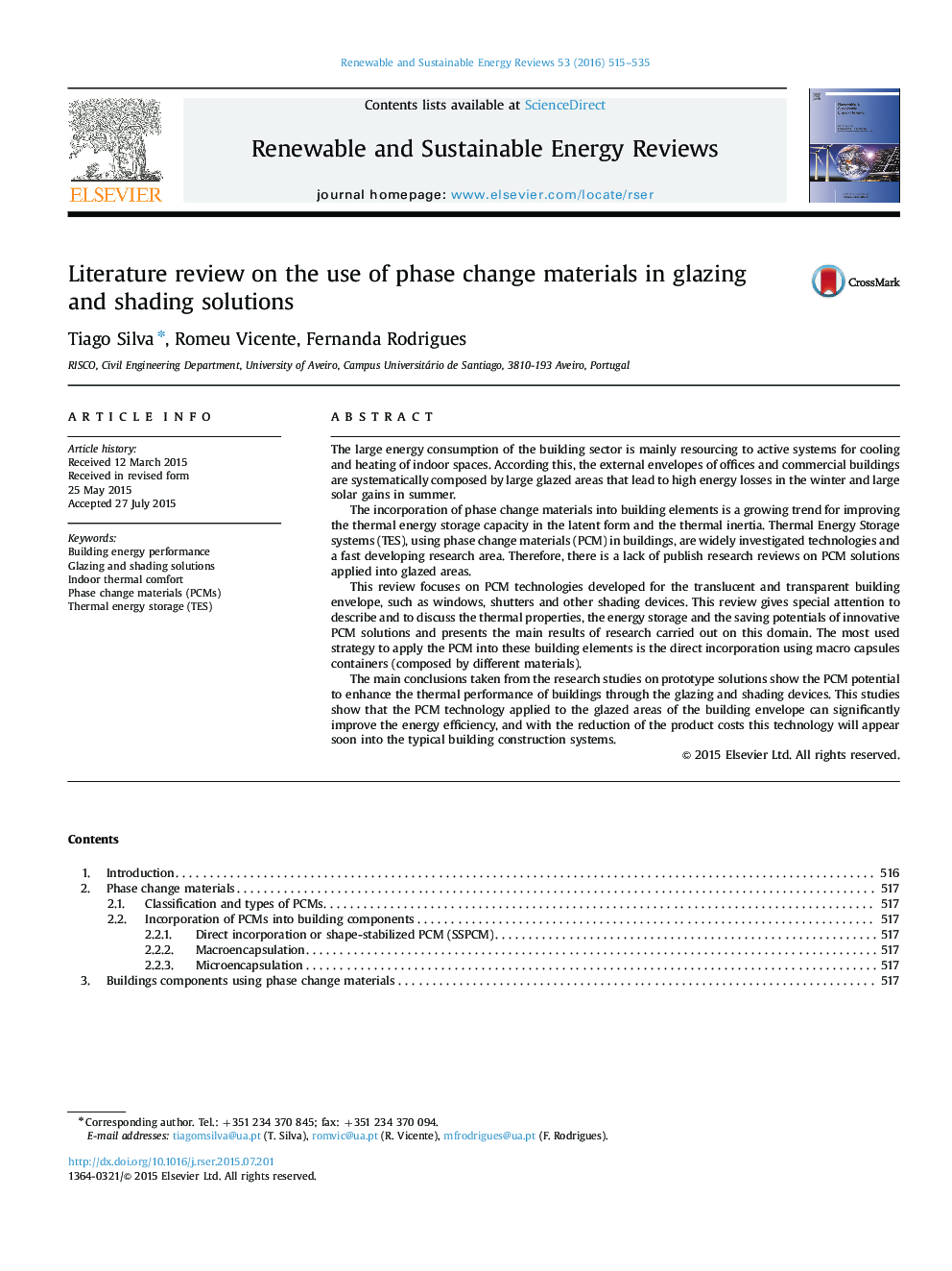 Literature review on the use of phase change materials in glazing and shading solutions