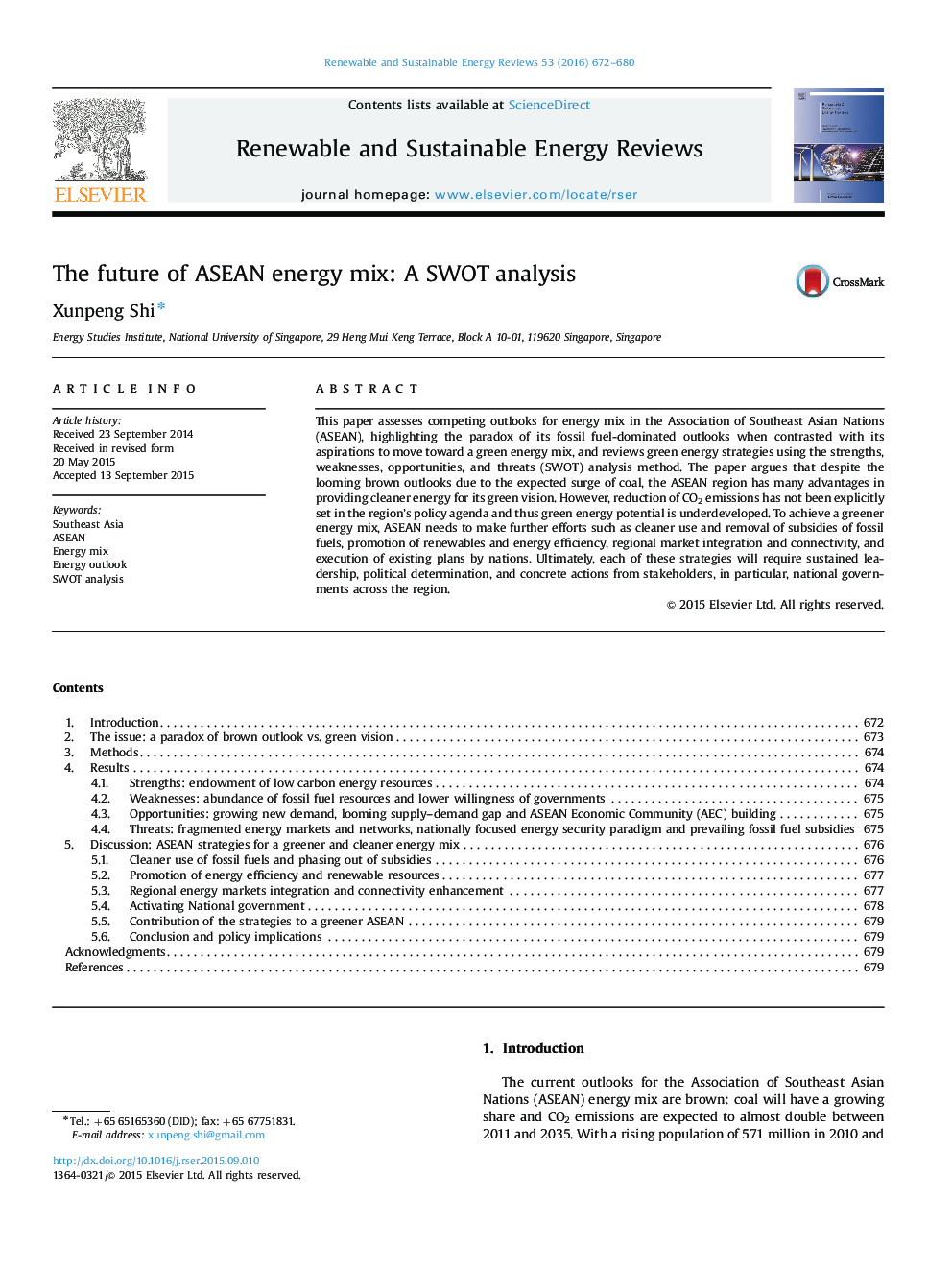 The future of ASEAN energy mix: A SWOT analysis