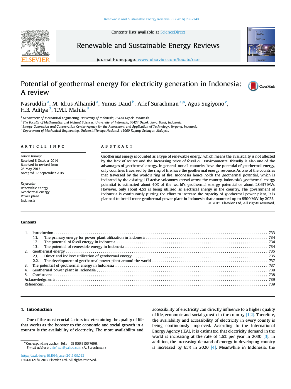 Potential of geothermal energy for electricity generation in Indonesia: A review