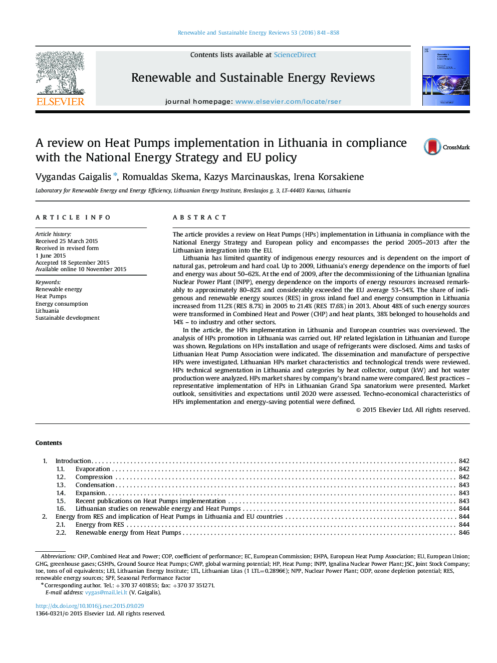 A review on Heat Pumps implementation in Lithuania in compliance with the National Energy Strategy and EU policy