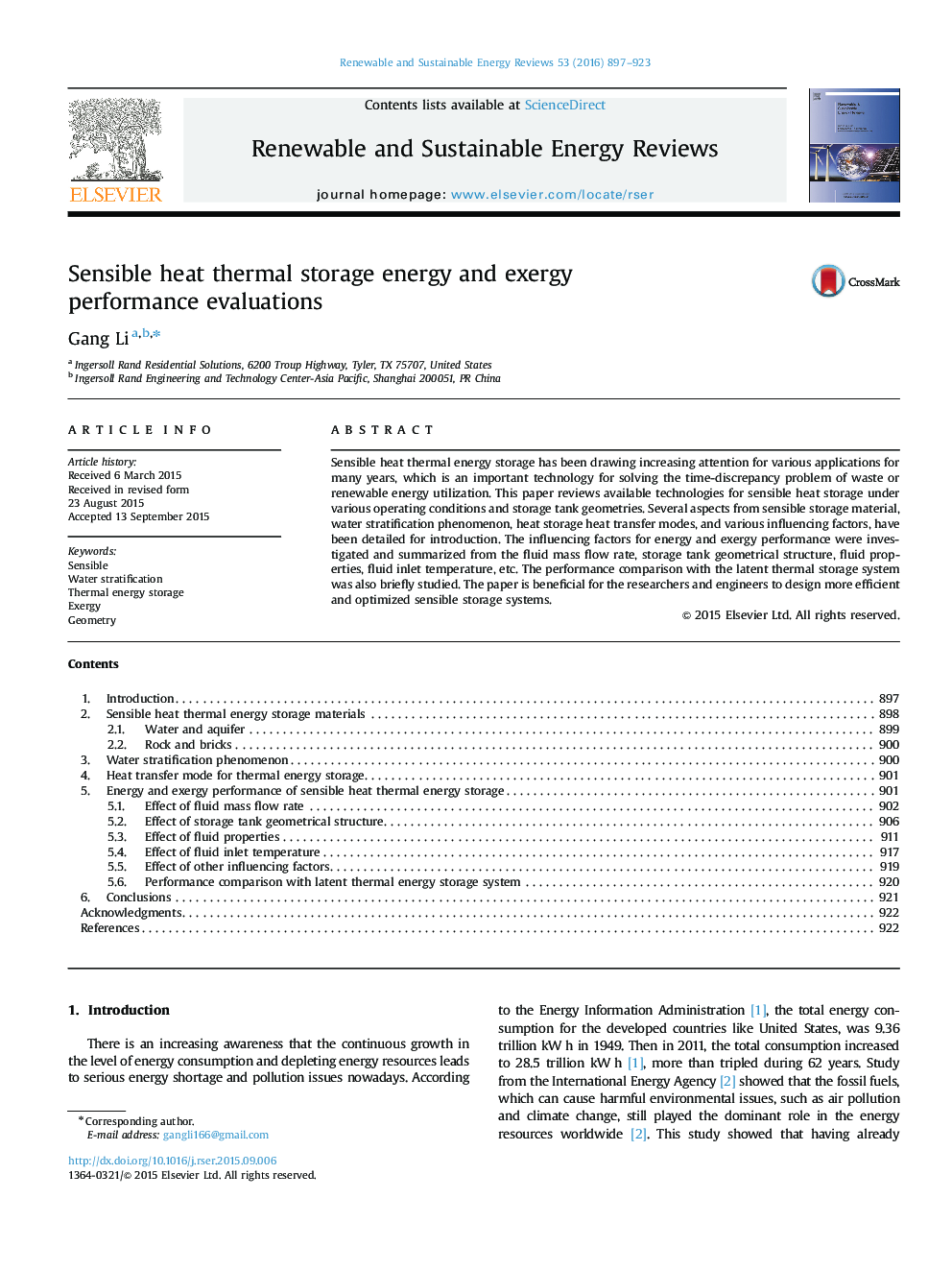 Sensible heat thermal storage energy and exergy performance evaluations