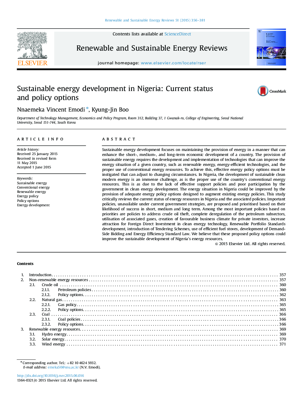 Sustainable energy development in Nigeria: Current status and policy options