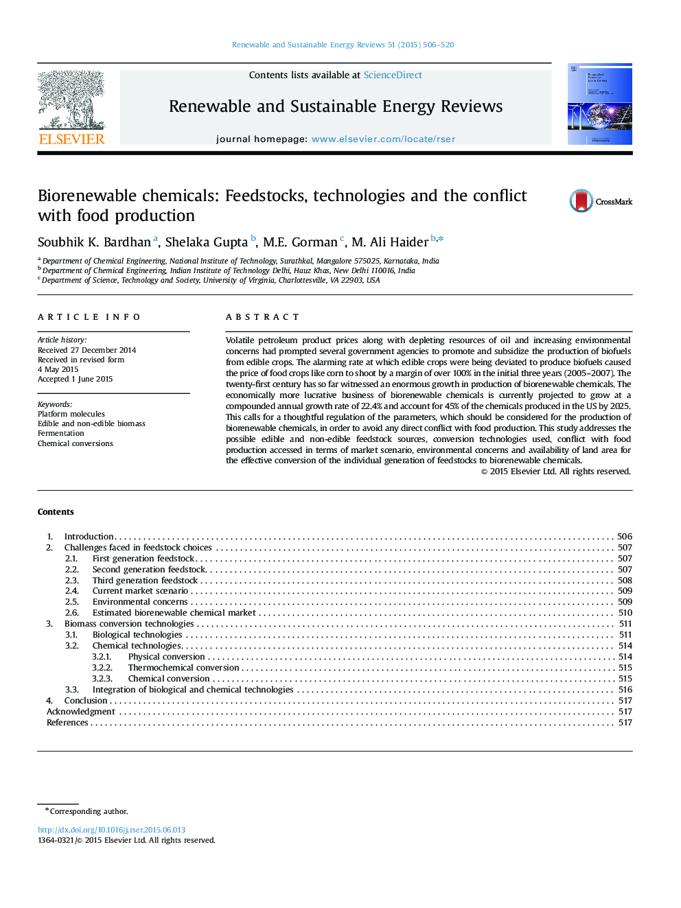 Biorenewable chemicals: Feedstocks, technologies and the conflict with food production