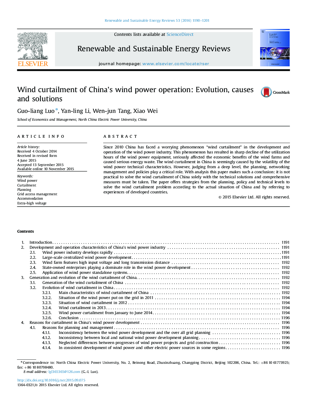 Wind curtailment of China×³s wind power operation: Evolution, causes and solutions