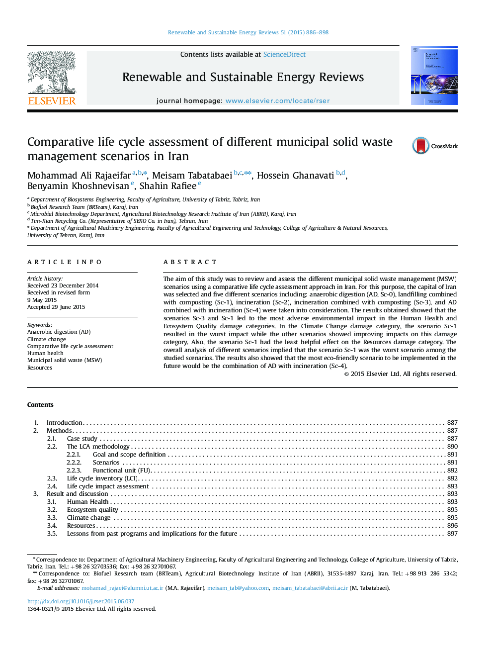 Comparative life cycle assessment of different municipal solid waste management scenarios in Iran