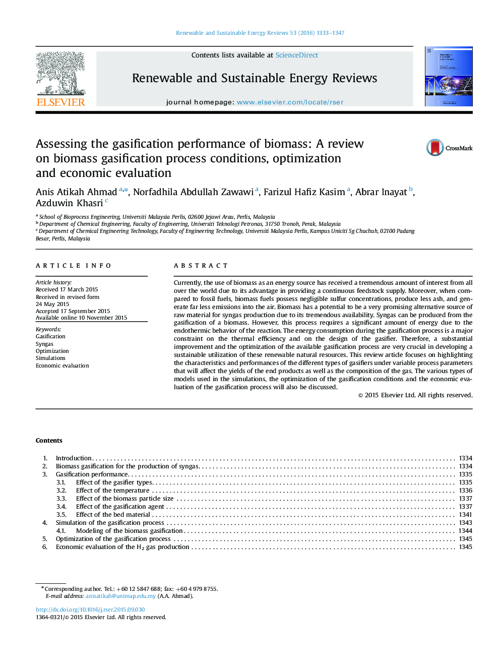 Assessing the gasification performance of biomass: A review on biomass gasification process conditions, optimization and economic evaluation