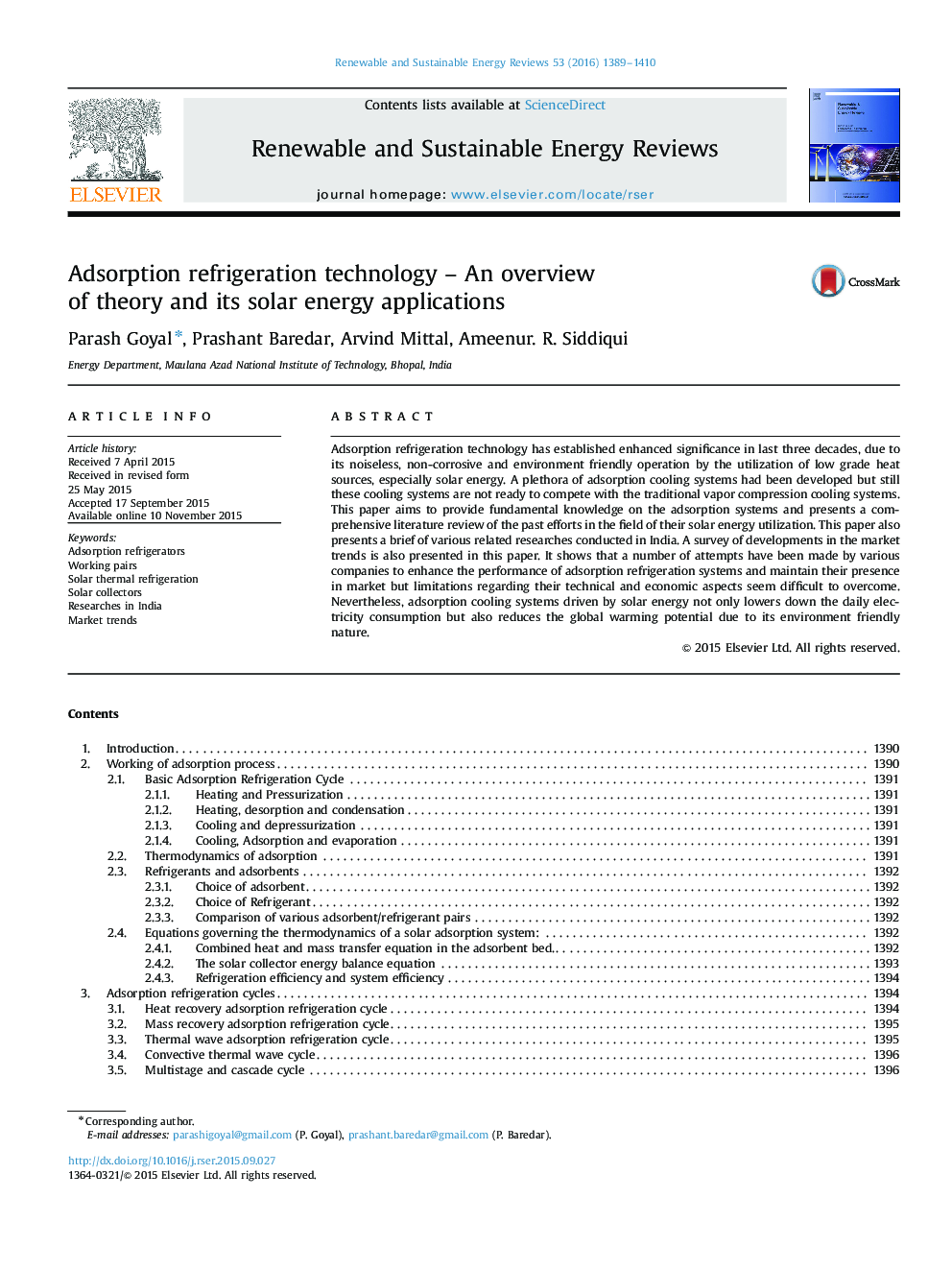 Adsorption refrigeration technology - An overview of theory and its solar energy applications