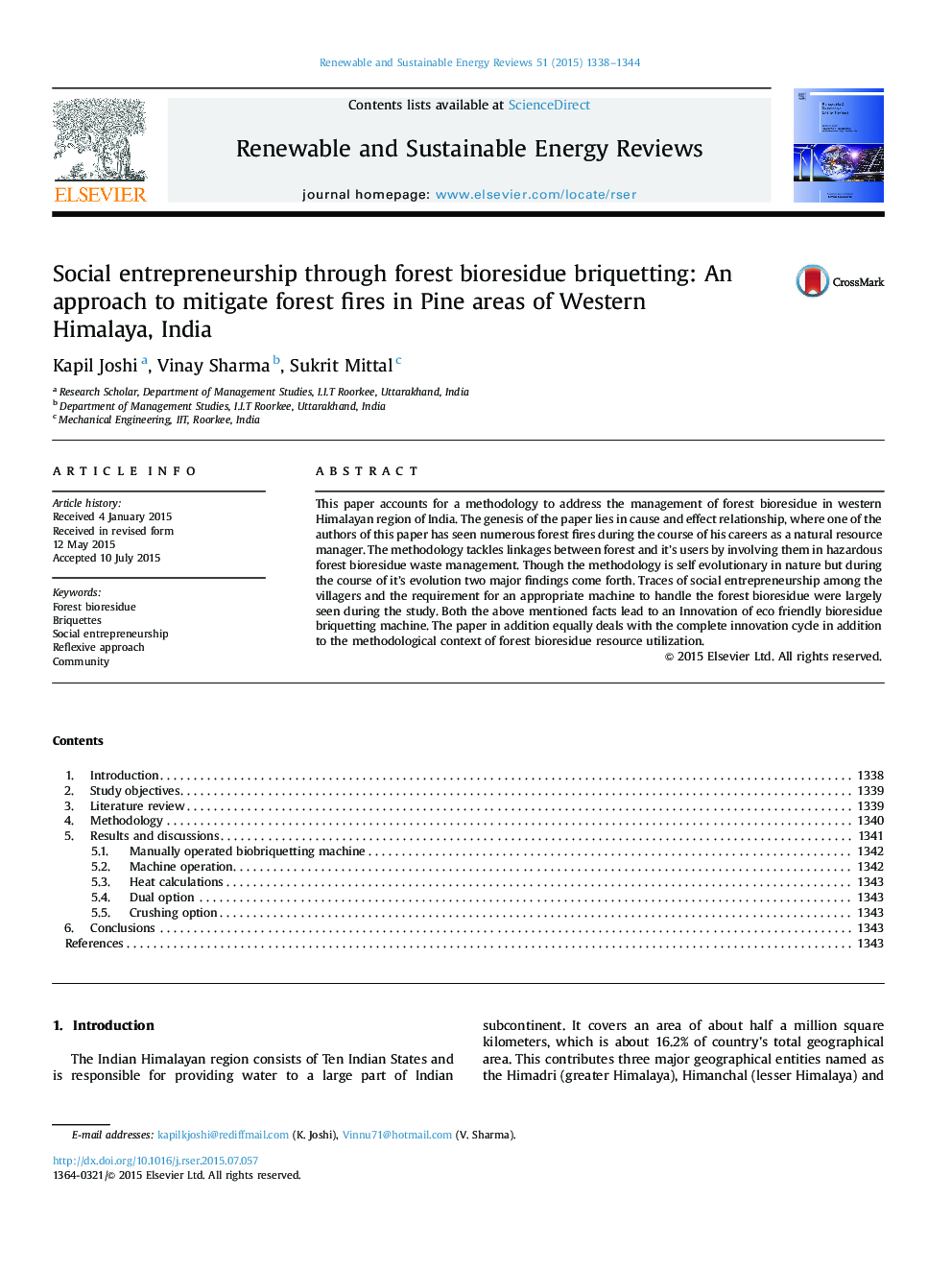 Social entrepreneurship through forest bioresidue briquetting: An approach to mitigate forest fires in Pine areas of Western Himalaya, India