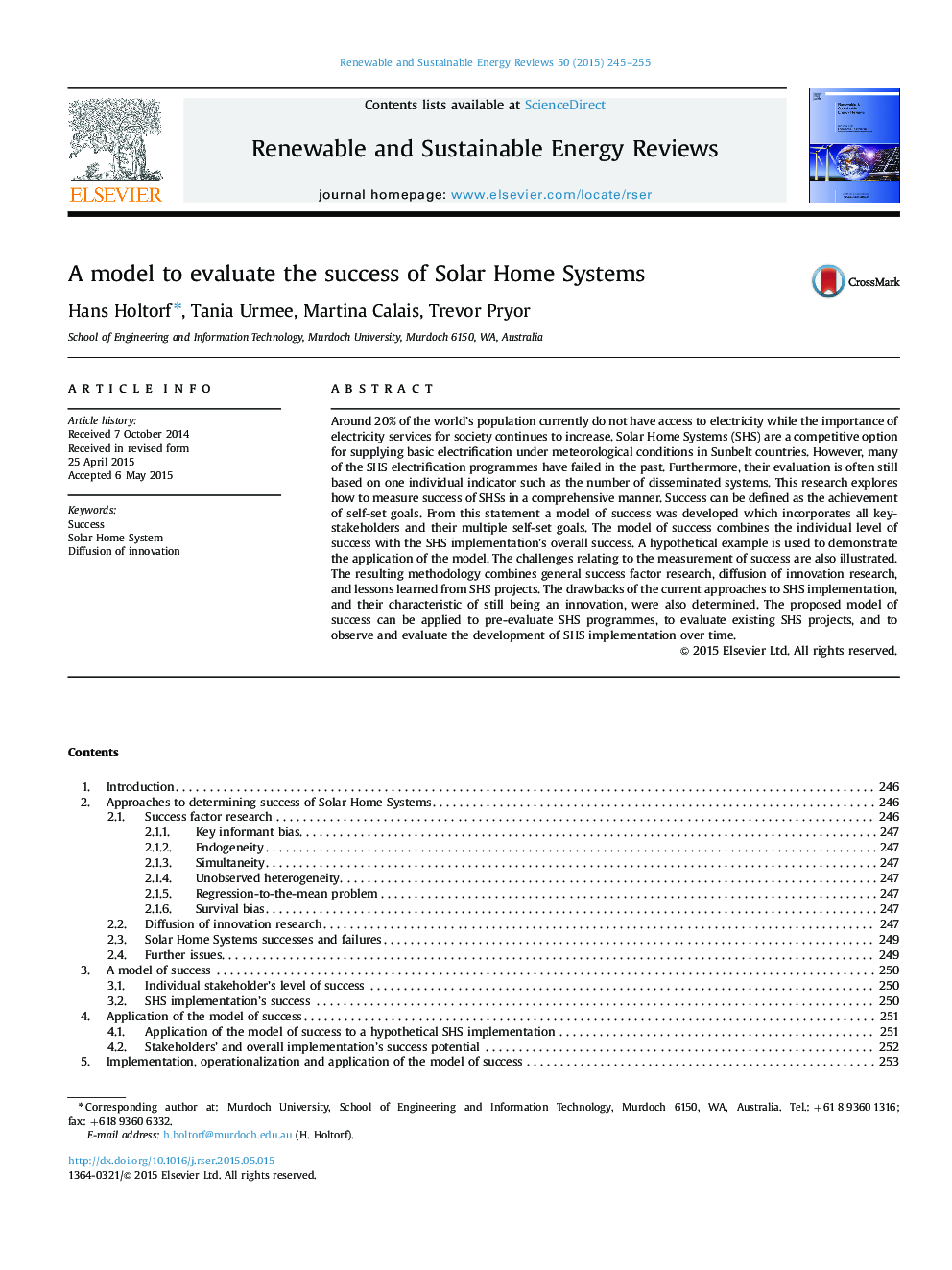 A model to evaluate the success of Solar Home Systems