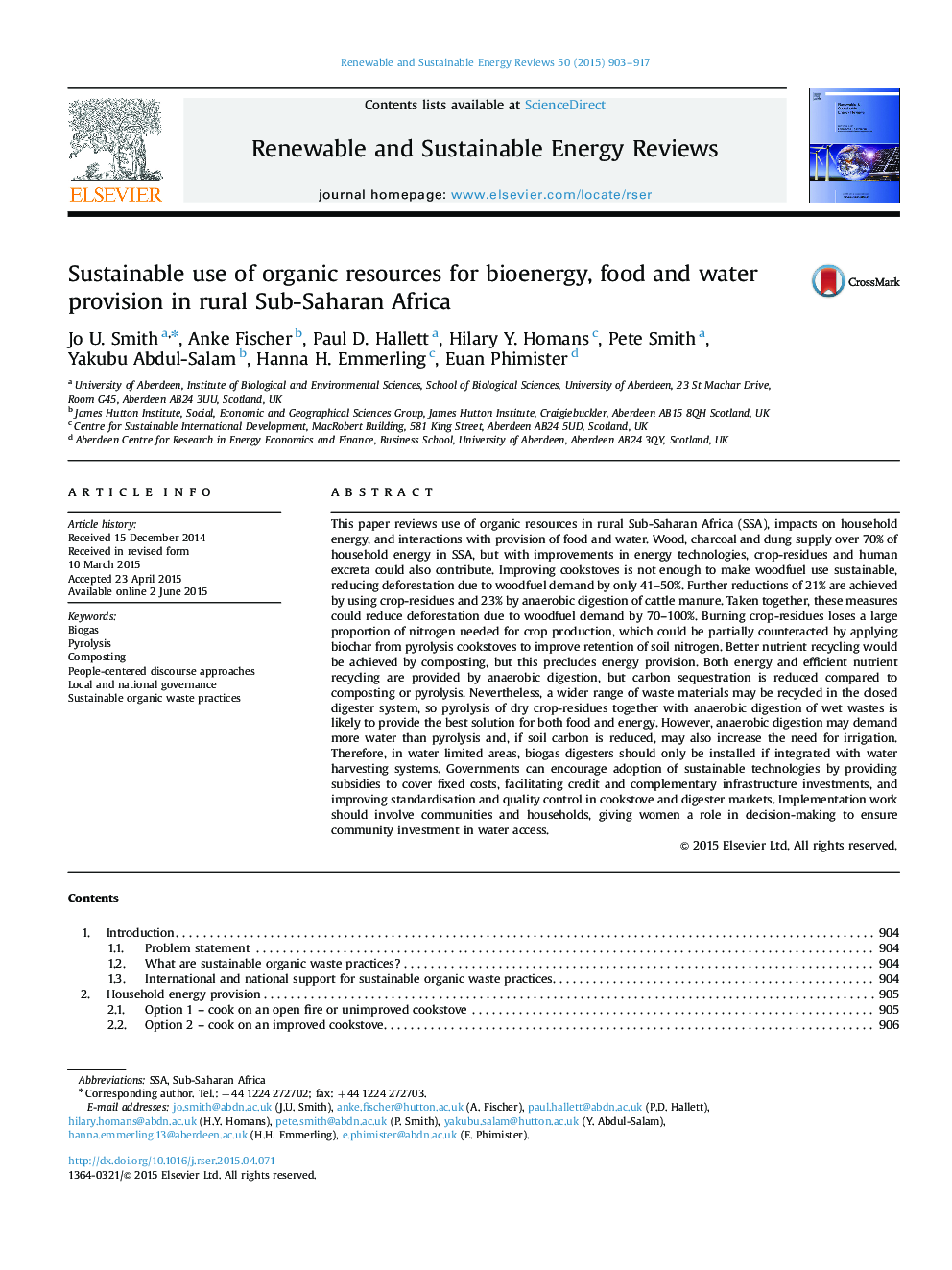 Sustainable use of organic resources for bioenergy, food and water provision in rural Sub-Saharan Africa