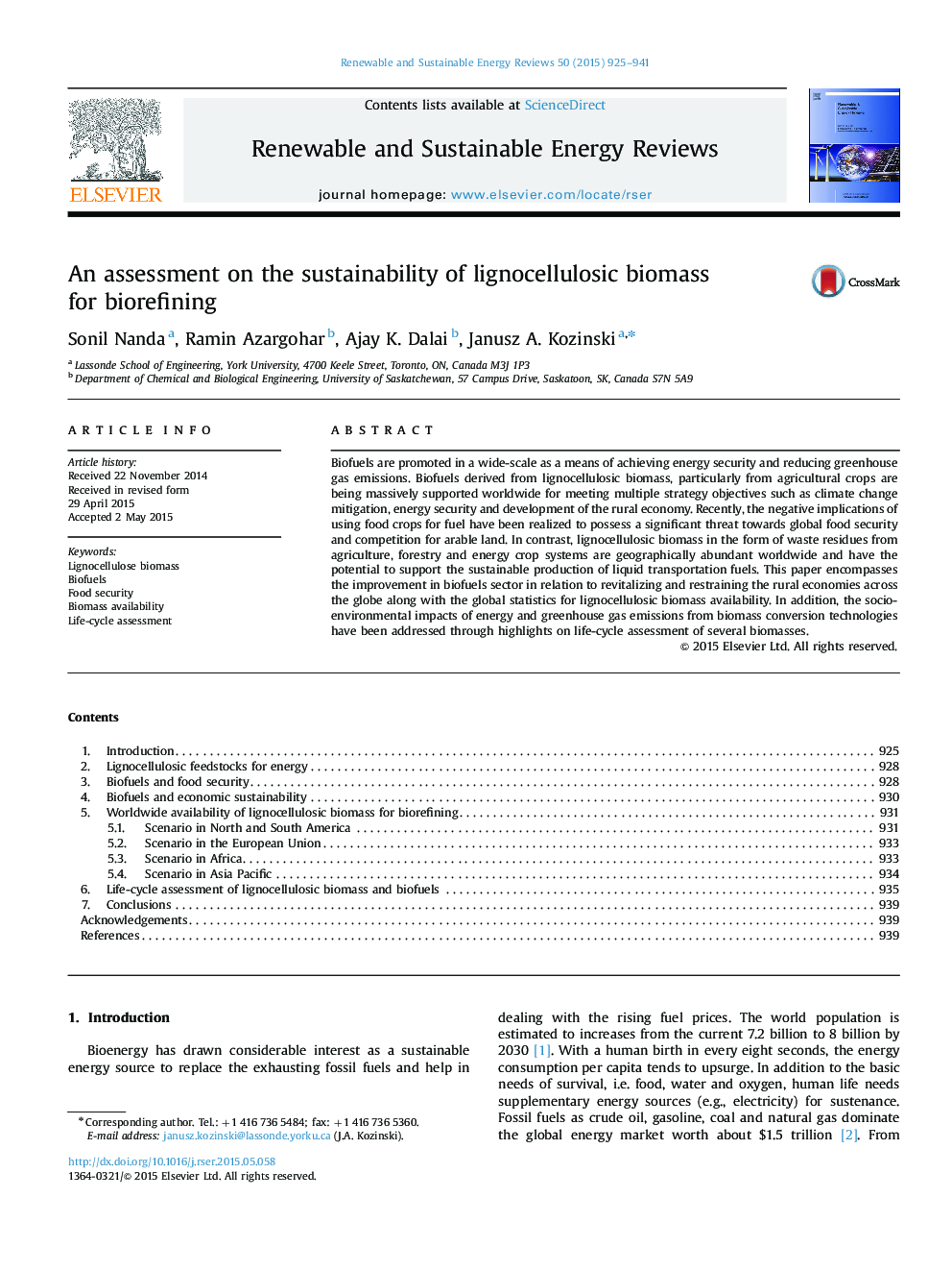 An assessment on the sustainability of lignocellulosic biomass for biorefining