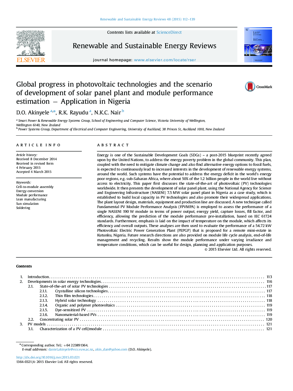 Global progress in photovoltaic technologies and the scenario of development of solar panel plant and module performance estimation â Application in Nigeria
