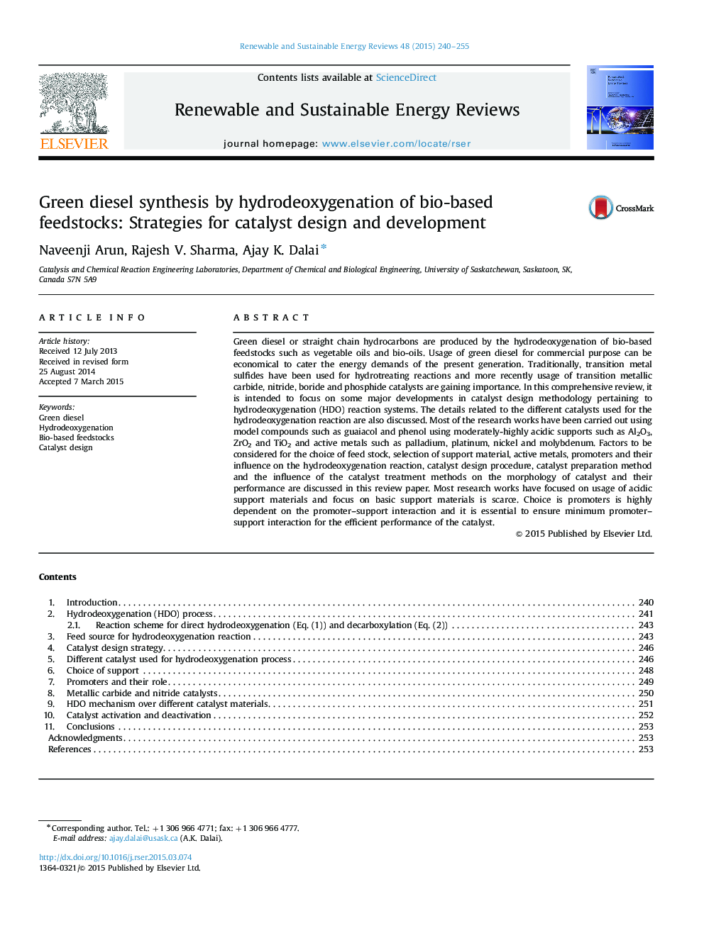 Green diesel synthesis by hydrodeoxygenation of bio-based feedstocks: Strategies for catalyst design and development