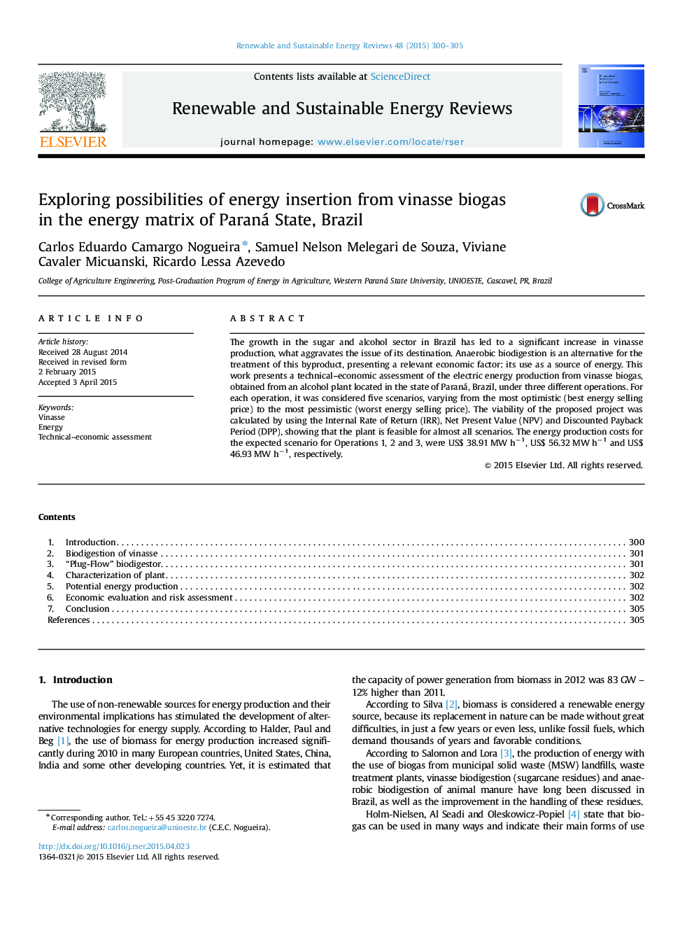 Exploring possibilities of energy insertion from vinasse biogas in the energy matrix of Paraná State, Brazil