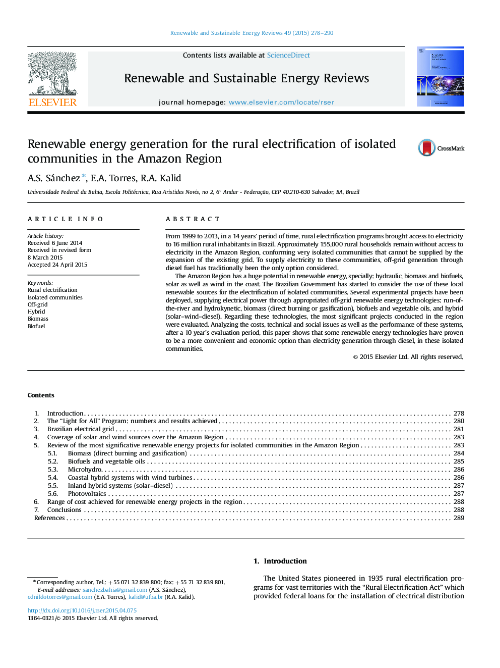 Renewable energy generation for the rural electrification of isolated communities in the Amazon Region