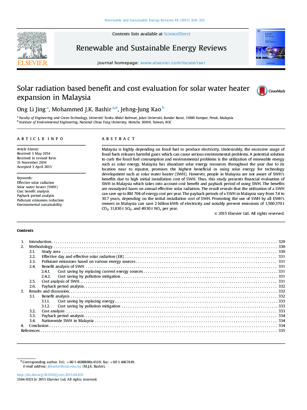 Solar radiation based benefit and cost evaluation for solar water heater expansion in Malaysia