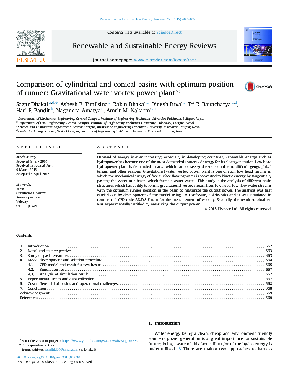 Comparison of cylindrical and conical basins with optimum position of runner: Gravitational water vortex power plant