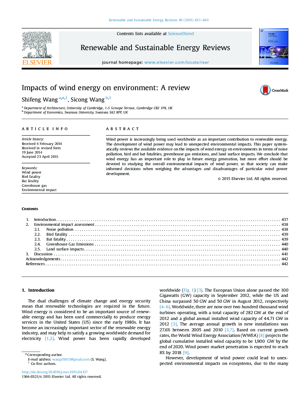 Impacts of wind energy on environment: A review