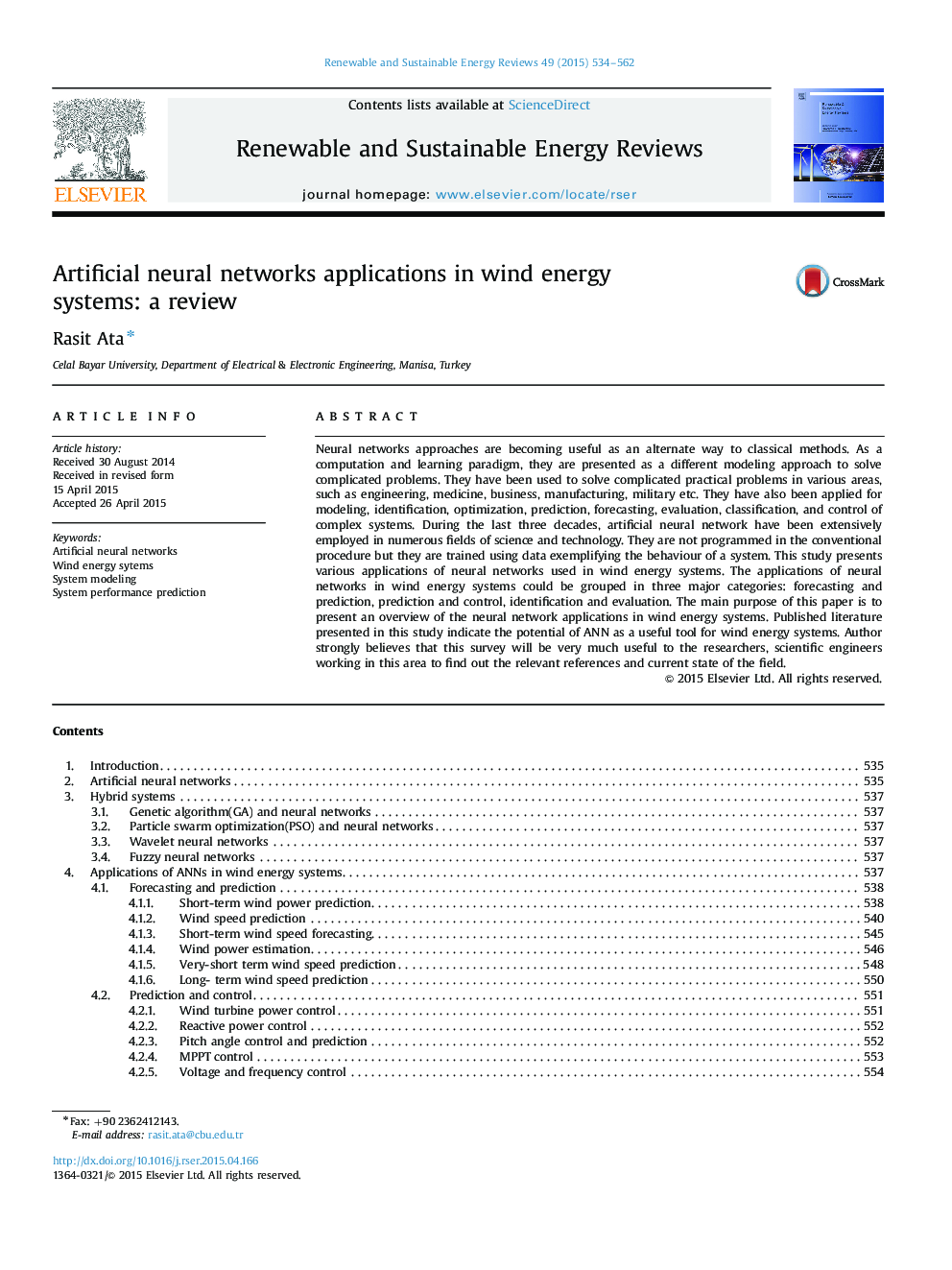 RETRACTED: Artificial neural networks applications in wind energy systems: a review