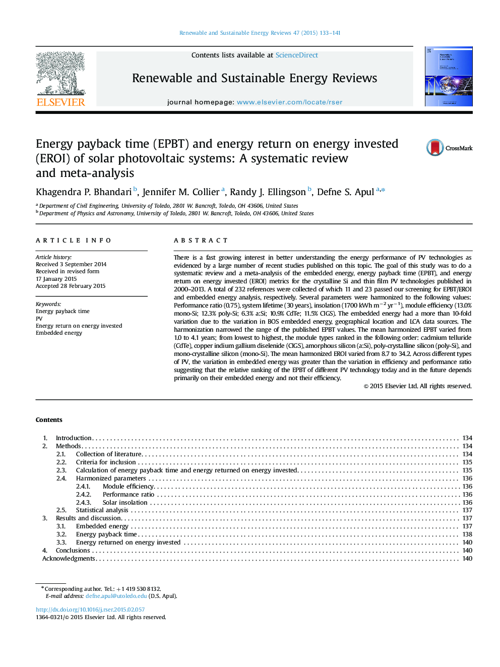 Energy payback time (EPBT) and energy return on energy invested (EROI) of solar photovoltaic systems: A systematic review and meta-analysis