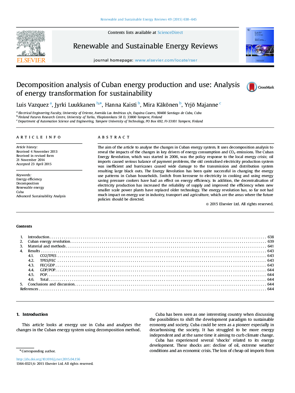 Decomposition analysis of Cuban energy production and use: Analysis of energy transformation for sustainability