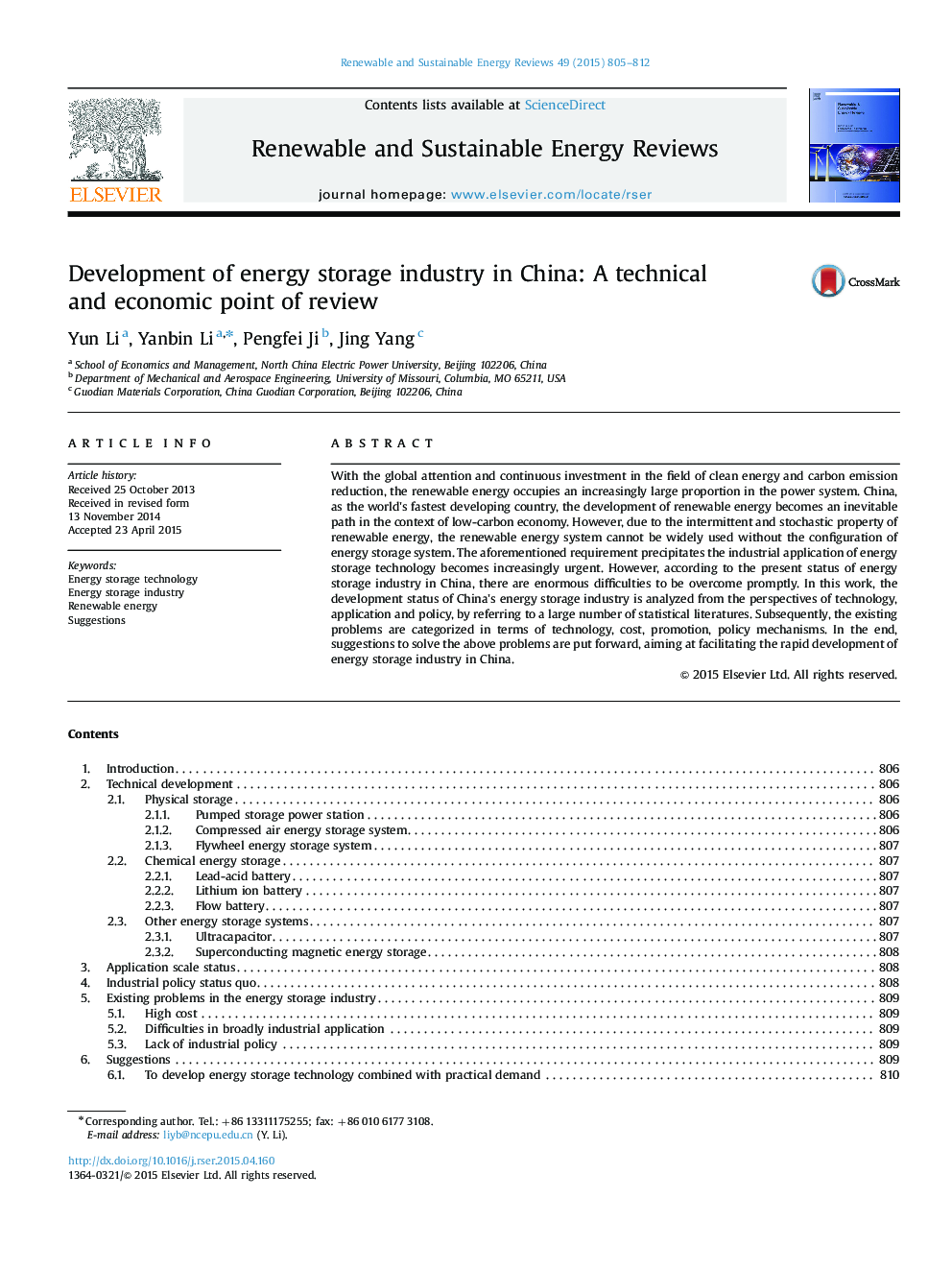 Development of energy storage industry in China: A technical and economic point of review