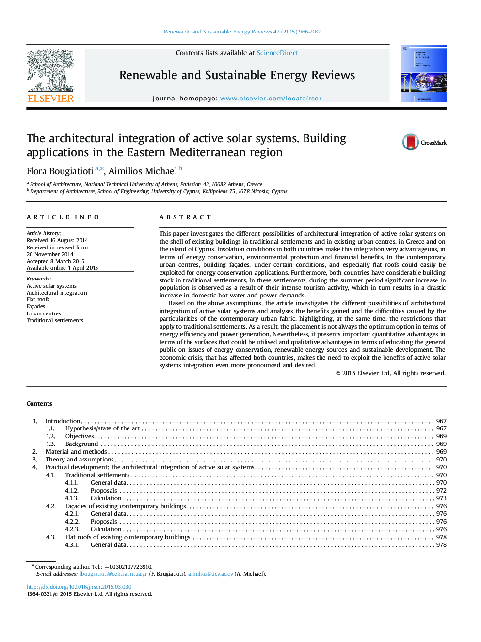 The architectural integration of active solar systems. Building applications in the Eastern Mediterranean region