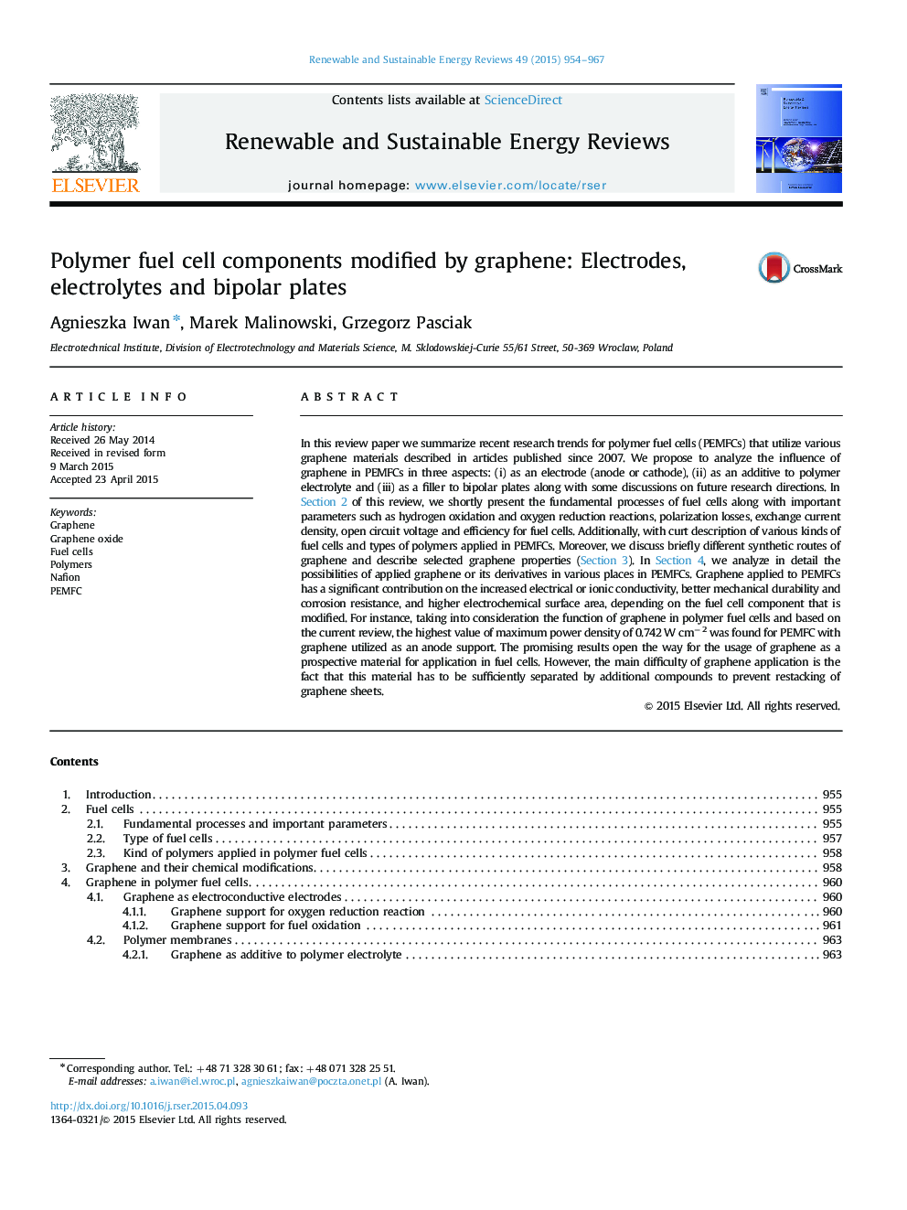 اجزای سلول سوختی پلیمر توسط گرافن اصلاح شده: الکترودها، الکترولیت ها و صفحات دو قطبی 