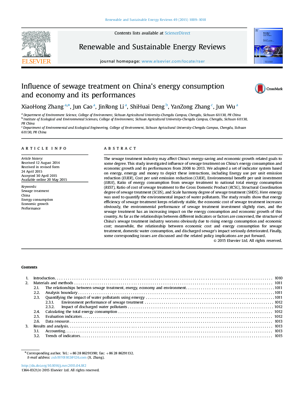 Influence of sewage treatment on China×³s energy consumption and economy and its performances