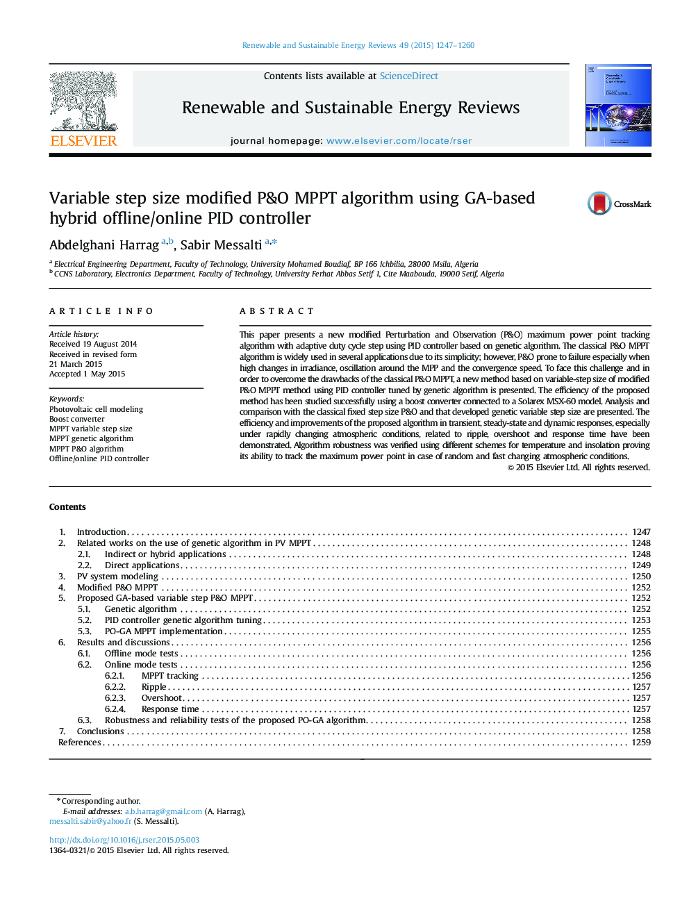 Variable step size modified P&O MPPT algorithm using GA-based hybrid offline/online PID controller