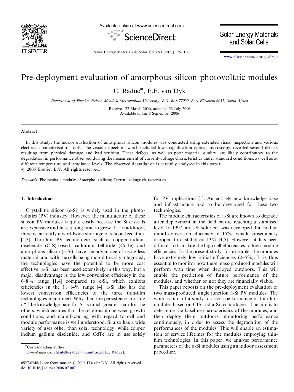 Pre-deployment evaluation of amorphous silicon photovoltaic modules