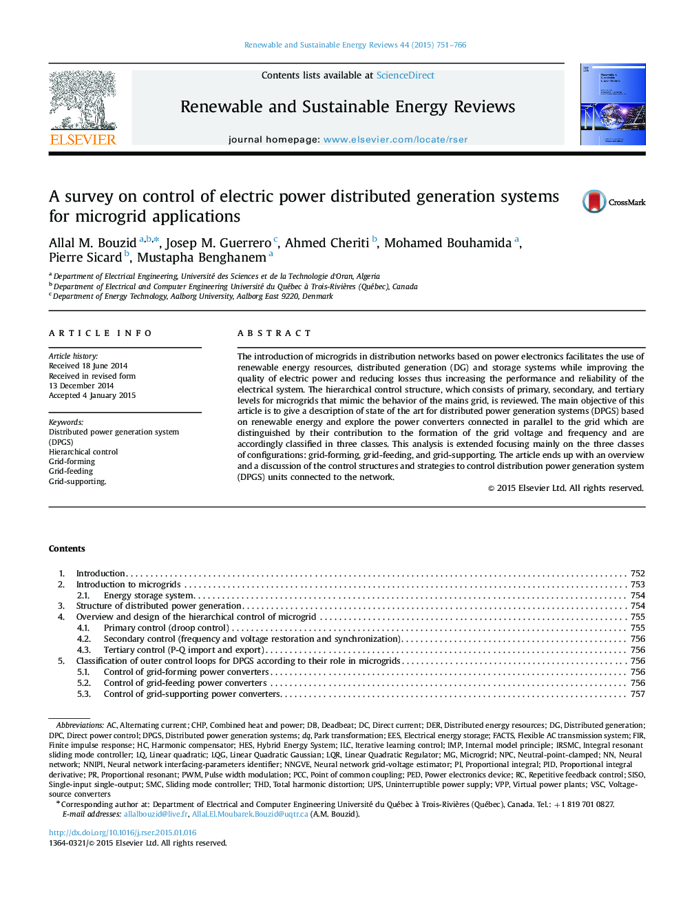 A survey on control of electric power distributed generation systems for microgrid applications