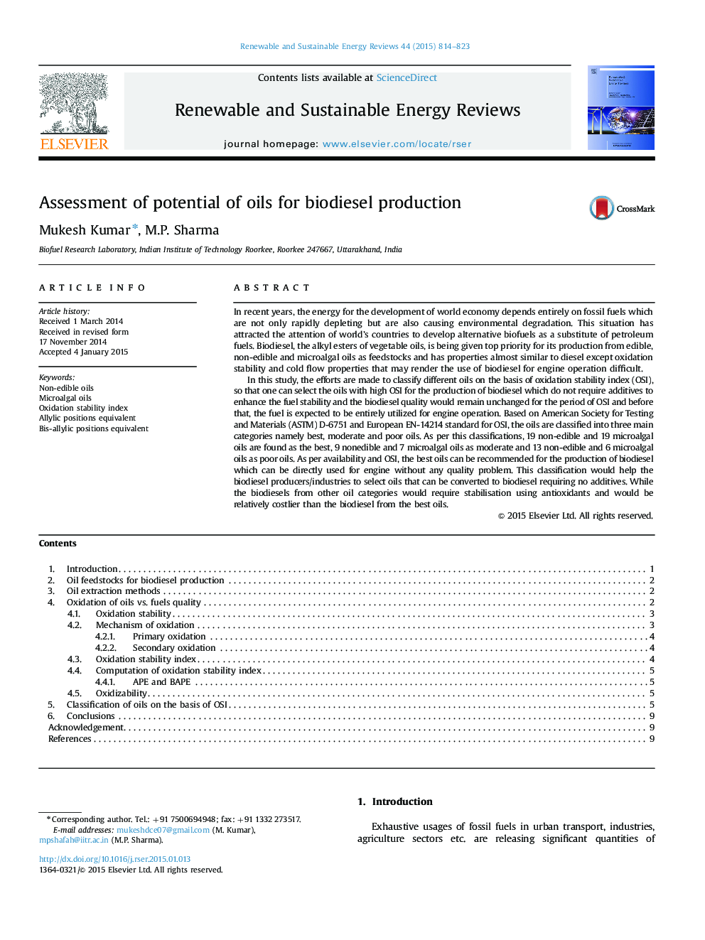Assessment of potential of oils for biodiesel production