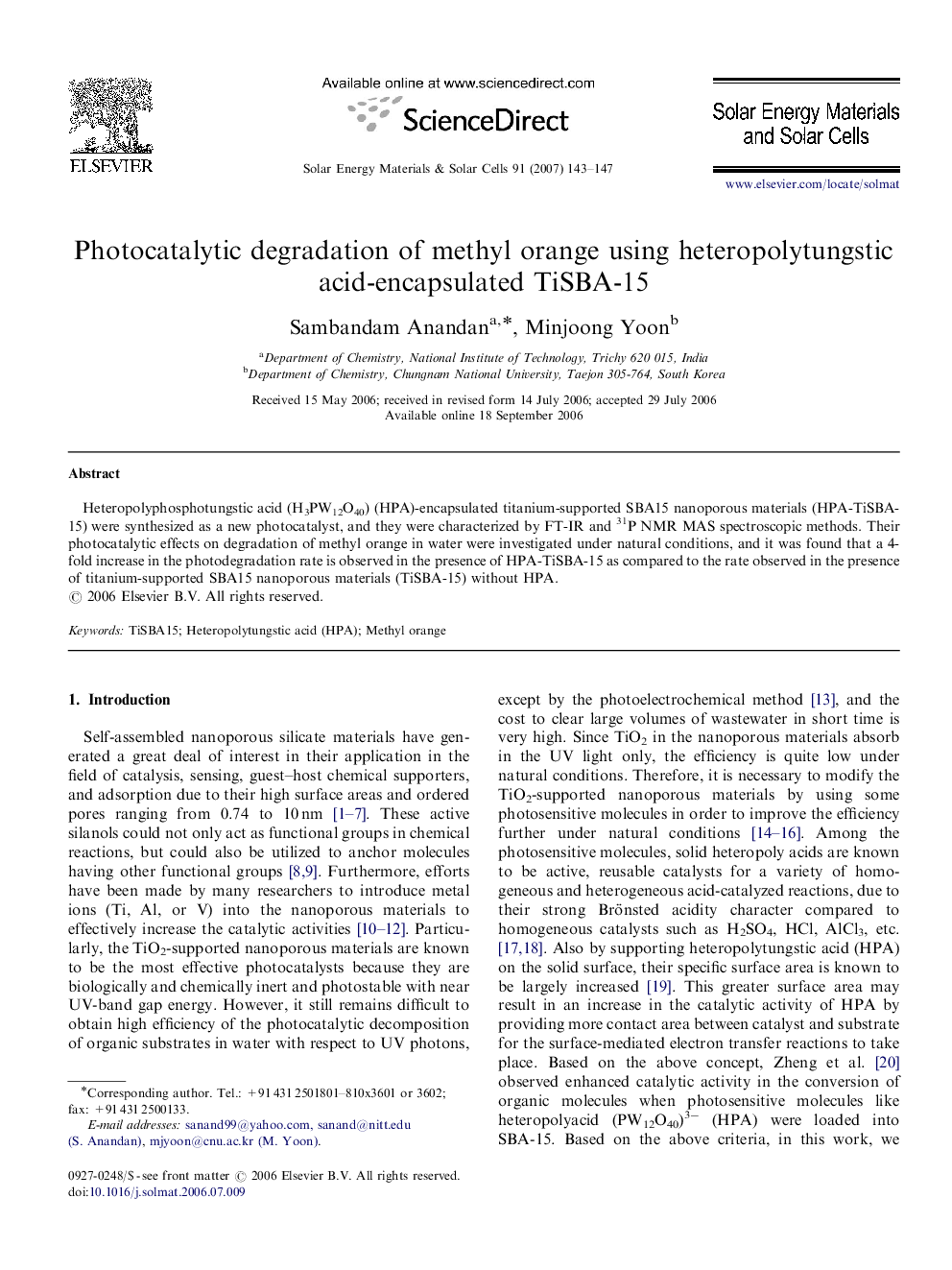 Photocatalytic degradation of methyl orange using heteropolytungstic acid-encapsulated TiSBA-15