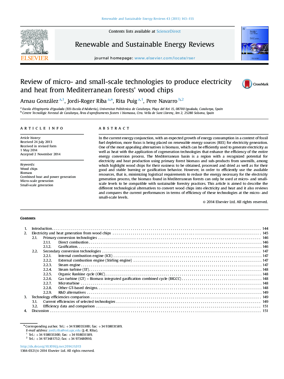 Review of micro- and small-scale technologies to produce electricity and heat from Mediterranean forests×³ wood chips