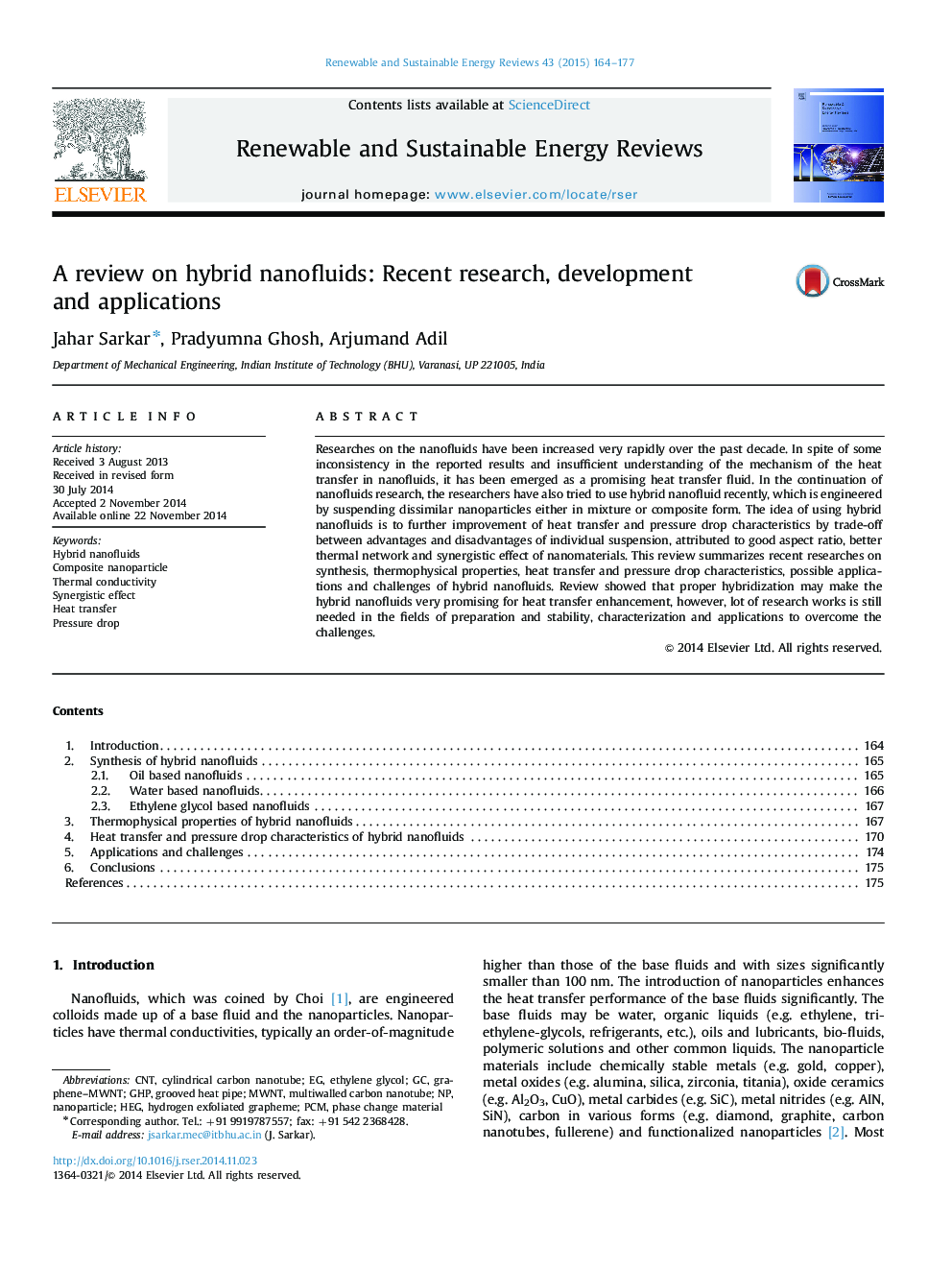 A review on hybrid nanofluids: Recent research, development and applications